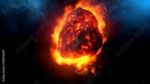 Glowing Asteroid Explosion Fiery Display of Cosmic Heat and Bright Lava in Dark Space, Showcasing Dramatic Beauty and Power of Rock and Fire.
