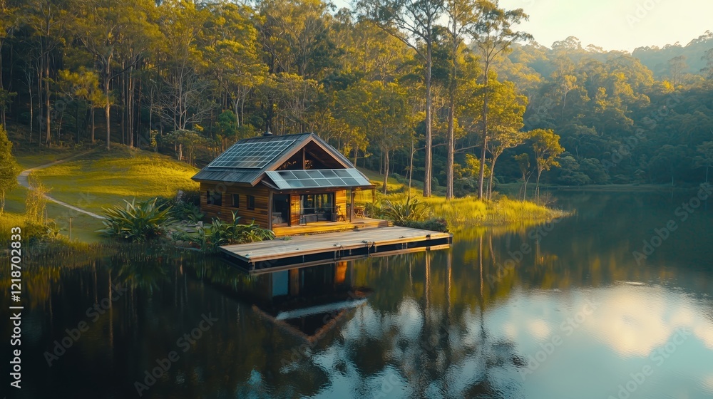 Obraz premium Serene Wooden Cabin Retreat Beside Calm Lake Surrounded by Trees