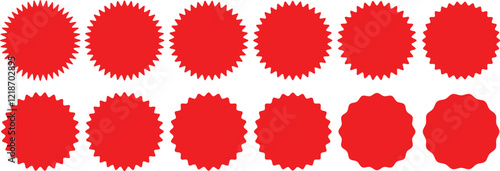 Set of red starburst. Price sticker, sale sticker, price tag, starburst, quality mark, retro stars, sale. Circle sticker set. Wavy edge promo red badges. Star burst shape tags for price. Red sale tag