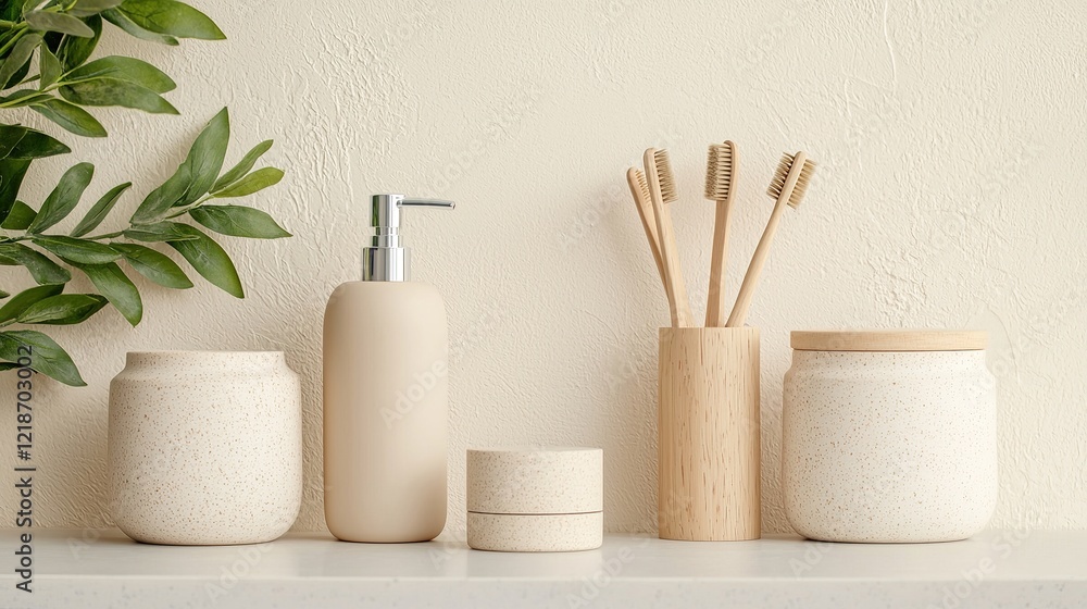 Naklejka premium Sustainable makeup tools displayed on a vanity for eco-friendly beauty minimalist home decor aesthetic environment