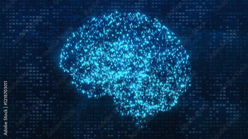 Futuristic Hi-Tech Brain Animation: 3D Abstract Human Mind with Rotating Binary Numbers, AI Neural Networks, and Glowing Blue Digital Background for Big Data and Innovation Concepts
