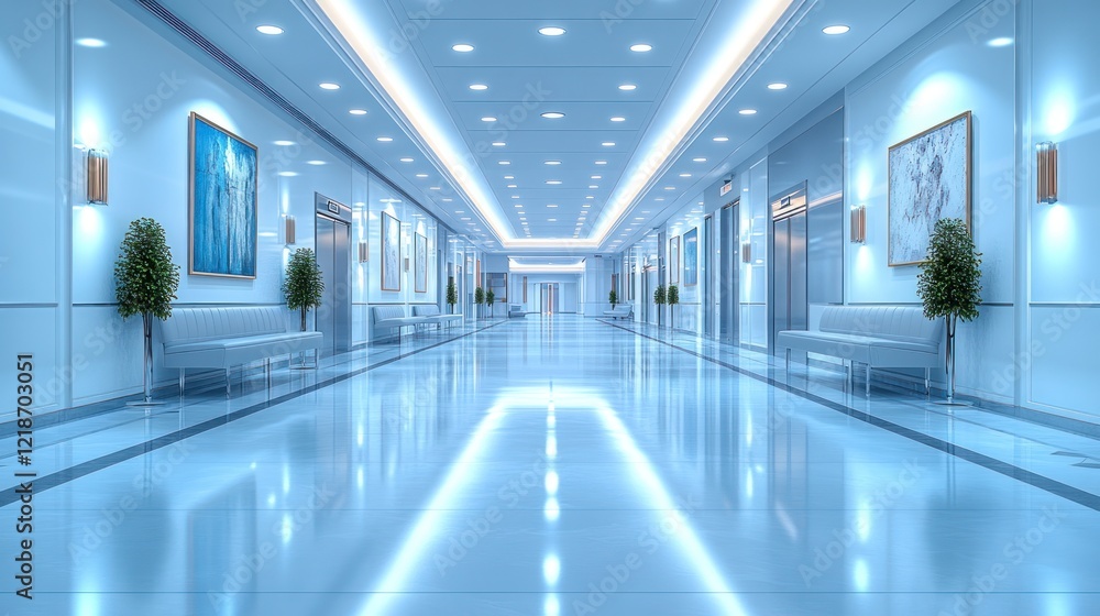 Fototapeta premium Modern hospital corridor, elevator, art, lighting