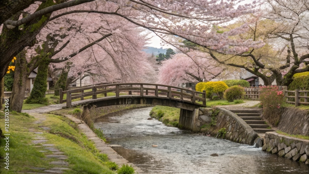 A small bridge over a stream surrounded by flowering trees.