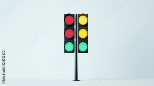Trio of vertical traffic lights showing red and yellow signals against a clear blue sky.