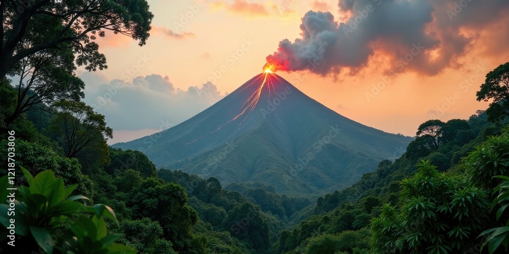 Fototapeta premium Majestic Volcano Erupts at Sunset, Surrounded by Lush Tropical Rainforest