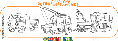 Cars. Cargo trolley or trolleybus, truck and tow truck. Small funny vector cute vehicles with eyes and mouth. Coloring book set for kids. Children vector illustration