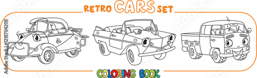 Funny old retro cars. Small funny vector cute vehicles with eyes and mouth. Children vector illustration. Coloring book set for kids