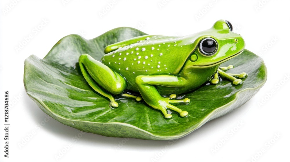 Obraz premium Green Frog Figurine on Lotus Leaf A Charming Miniature Sculpture