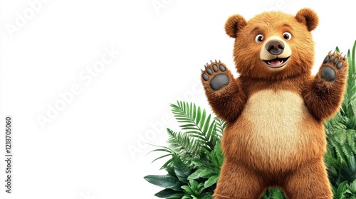 Happy Cartoon Bear in Lush Tropical Foliage