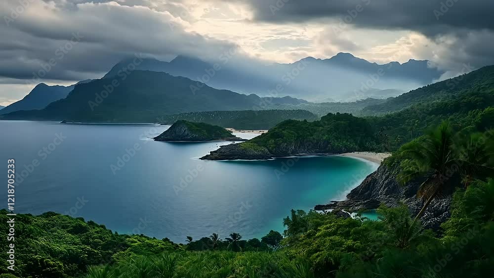 Sunbeams Illuminate Lush Tropical Islands and Mountains Beside a Serene Ocean Sunbeams Illuminate Lush Tropical Islands and Mountains Beside a Serene Ocean