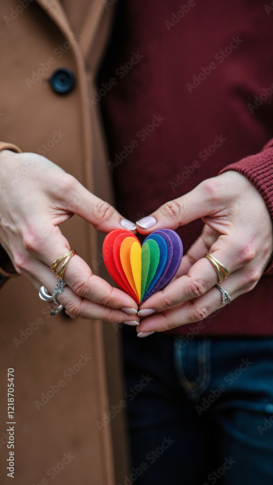 Close-Up of Diverse LGBTQ Couple's Hands Holding a Vibrant Rainbow Heart, Perfect for Pride Campaigns, Equality Advocacy, and Inclusive Marketing Close-Up of Diverse LGBTQ Couple's Hands Holding a Vibrant Rainbow Heart, Perfect for Pride Campaigns, Equality Advocacy, and Inclusive Marketing