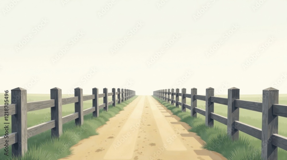 Fototapeta premium Serene Country Road Wooden Fence Lines a Dusty Path Leading to a Hazy Horizon