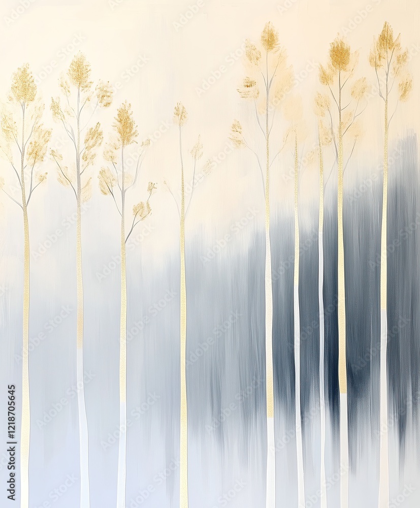 Obraz premium Golden trees stand tall against a misty backdrop in a tranquil artistic landscape