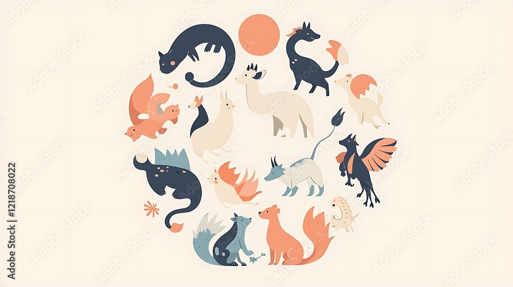A colorful drawing of various animals, including a cat, a dog, a bird A colorful drawing of various animals, including a cat, a dog, a bird