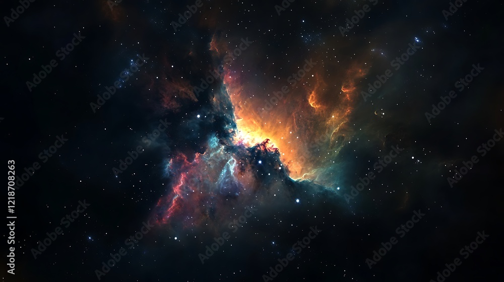 Vibrant nebula with swirling gas and dust clouds in deep space, showcasing cosmic colors and stellar formations. Vibrant nebula with swirling gas and dust clouds in deep space, showcasing cosmic colors and stellar formations.