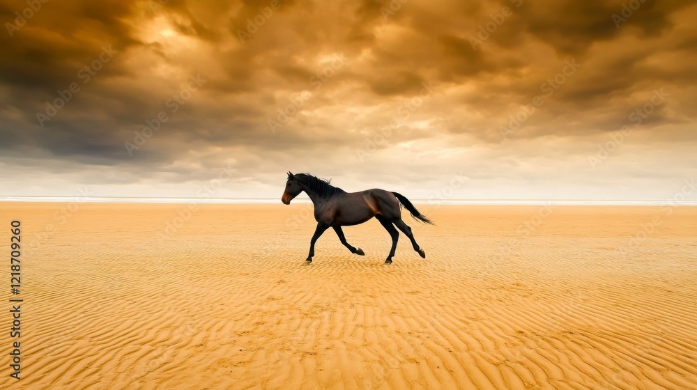 Majestic Dark Horse Running on a Sandy Beach at Sunset Majestic Dark Horse Running on a Sandy Beach at Sunset