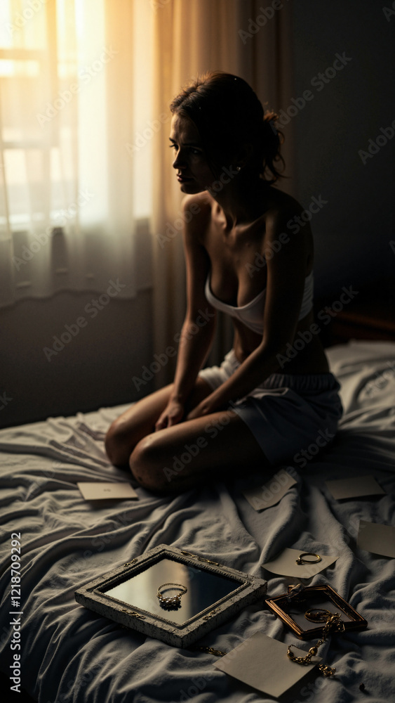 Solitary figure in dimly lit room experiencing heartbreak, surrounded by scattered love letters and memories, ideal for therapy, mental health, or relationship-themed content Solitary figure in dimly lit room experiencing heartbreak, surrounded by scattered love letters and memories, ideal for therapy, mental health, or relationship-themed content