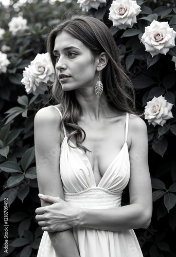 young woman in white summer dress in front of flowers photo