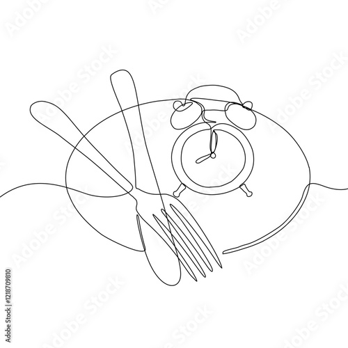 Intermittent fasting diet concept. Continuous line drawing of fork, knife and plate with alarm clock. Vector illustration of a fashionable trend in a healthy lifestyle.
