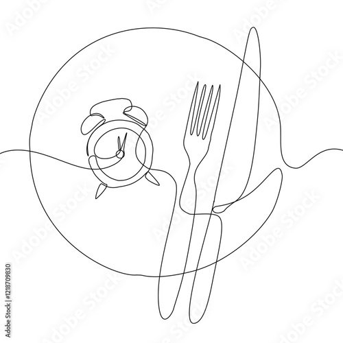 Intermittent fasting diet concept. Continuous line drawing of fork, knife and plate with alarm clock. Vector illustration of a fashionable trend in a healthy lifestyle.