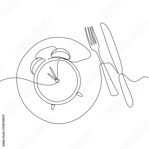 Intermittent fasting diet concept. Continuous line drawing of fork, knife and plate with alarm clock. Vector illustration of a fashionable trend in a healthy lifestyle.