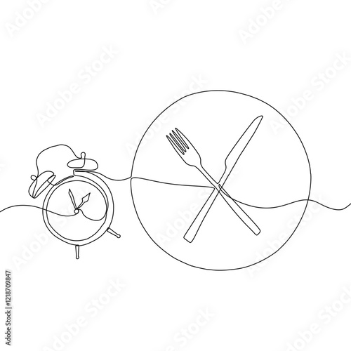 Intermittent fasting diet concept. Continuous line drawing of fork, knife and plate with alarm clock. Vector illustration of a fashionable trend in a healthy lifestyle.