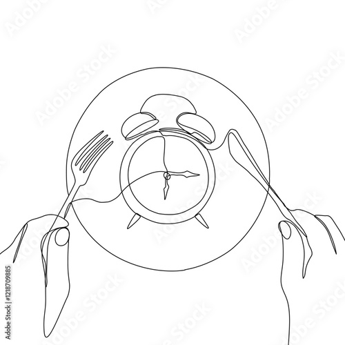 Intermittent fasting diet concept. Continuous line drawing of fork, knife and plate with alarm clock. Vector illustration of a fashionable trend in a healthy lifestyle.