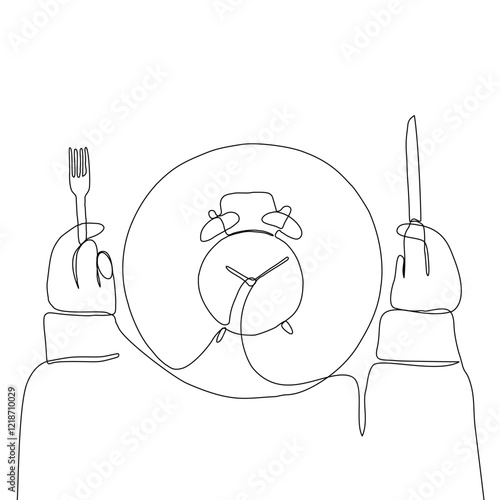 Intermittent fasting diet concept. Continuous line drawing of fork, knife and plate with alarm clock. Vector illustration of a fashionable trend in a healthy lifestyle.