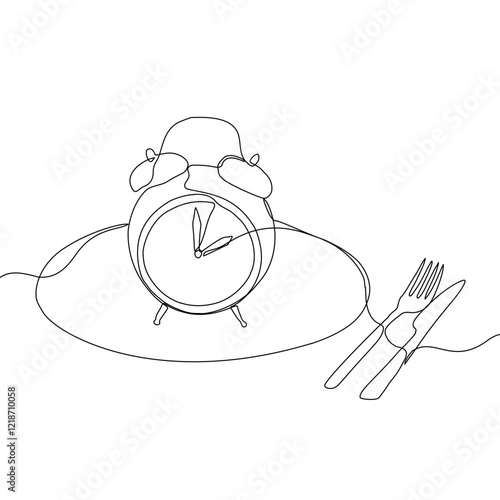 Intermittent fasting diet concept. Continuous line drawing of fork, knife and plate with alarm clock. Vector illustration of a fashionable trend in a healthy lifestyle.
