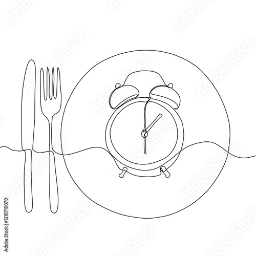 Intermittent fasting diet concept. Continuous line drawing of fork, knife and plate with alarm clock. Vector illustration of a fashionable trend in a healthy lifestyle.
