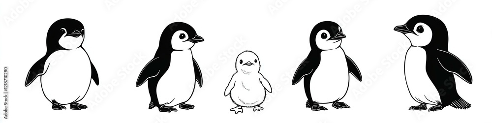 Fototapeta premium Set of sweet hand-drawn penguins in line art style featuring a chick in vector form.