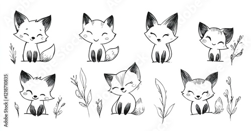 Set of quirky hand-drawn foxes in line art style featuring adorable fox cubs as vector icons ideal for playful designs storytelling and educational projects photo