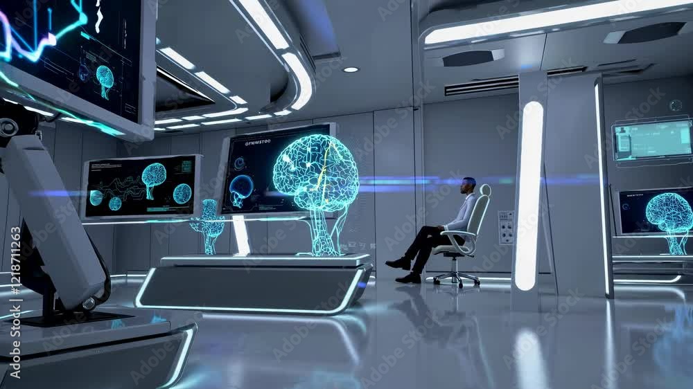 Scientist observing a holographic projection of a human brain in a futuristic lab, with a large robotic arm highlighting advanced research in neuroscience and ai Scientist observing a holographic projection of a human brain in a futuristic lab, with a large robotic arm highlighting advanced research in neuroscience and ai