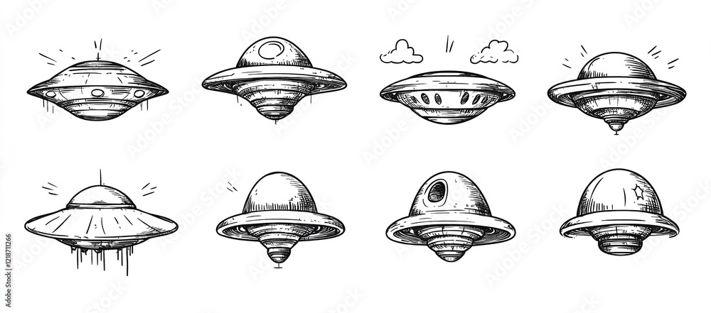 Set of many cartoon hand-drawn UFOs in line art vector style showcasing various cute and quirky flying saucers with simple clean lines Set of many cartoon hand-drawn UFOs in line art vector style showcasing various cute and quirky flying saucers with simple clean lines