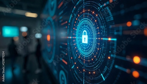Abstract cyber security concept with digital lock on screen, people in background