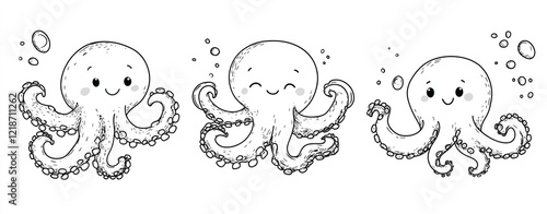 Set of lovable hand-drawn octopuses in line art vector style featuring charming and playful octopus illustrations perfect for ocean-themed designs photo