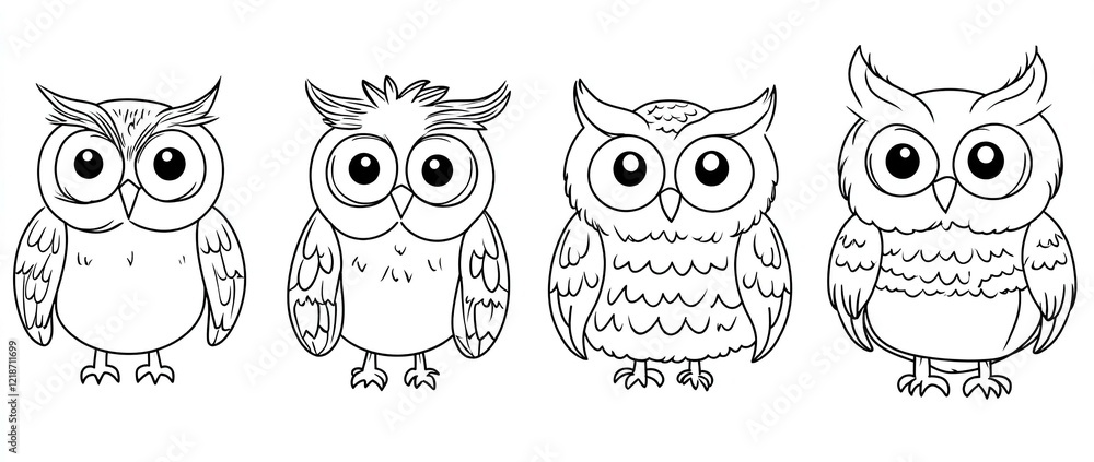 Fototapeta premium Set of endearing hand-drawn owls in line art vector style showcasing distinct feathers and large expressive eyes