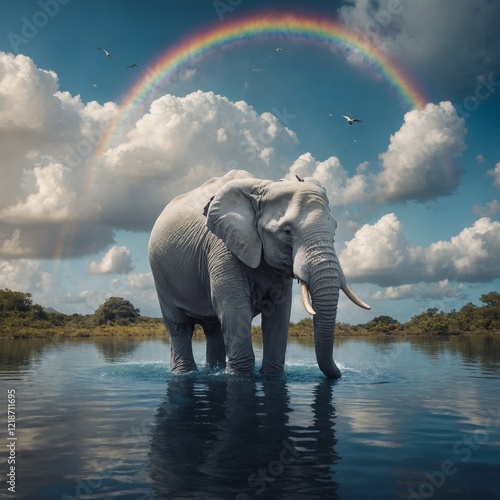 A white elephant in a fantastical realm, surrounded by floating islands and rainbows.