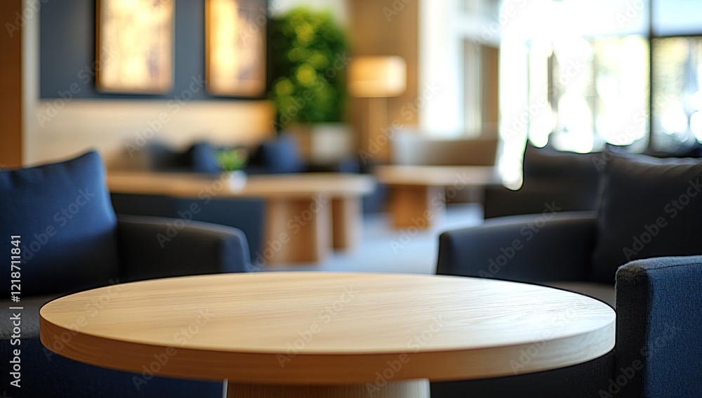 Modern Lobby Interior Design: Serene Wooden Table in a Luxurious Waiting Area Modern Lobby Interior Design: Serene Wooden Table in a Luxurious Waiting Area