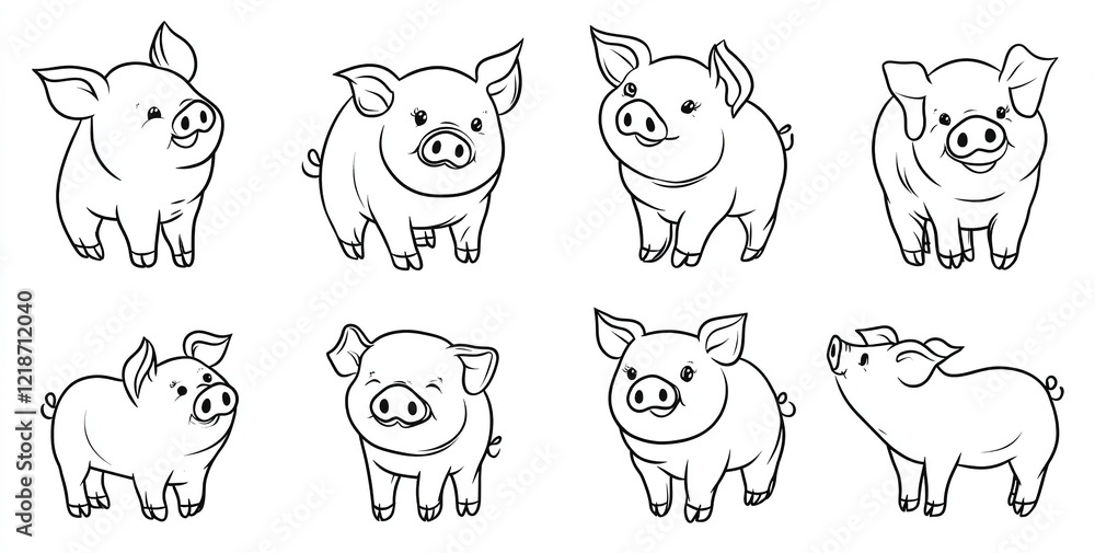 Set of delightful hand-drawn pigs in line art vector style showcasing these cute animals with various expressions and playful poses perfect for country farm or children’s designs Set of delightful hand-drawn pigs in line art vector style showcasing these cute animals with various expressions and playful poses perfect for country farm or children’s designs