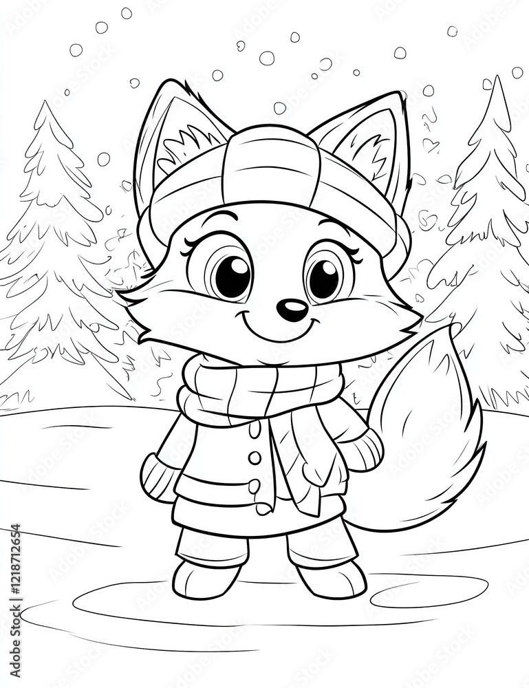 winter animal cartoon fox coloring page. ready to print on standard 8. winter animal cartoon fox coloring page. ready to print on standard 8.