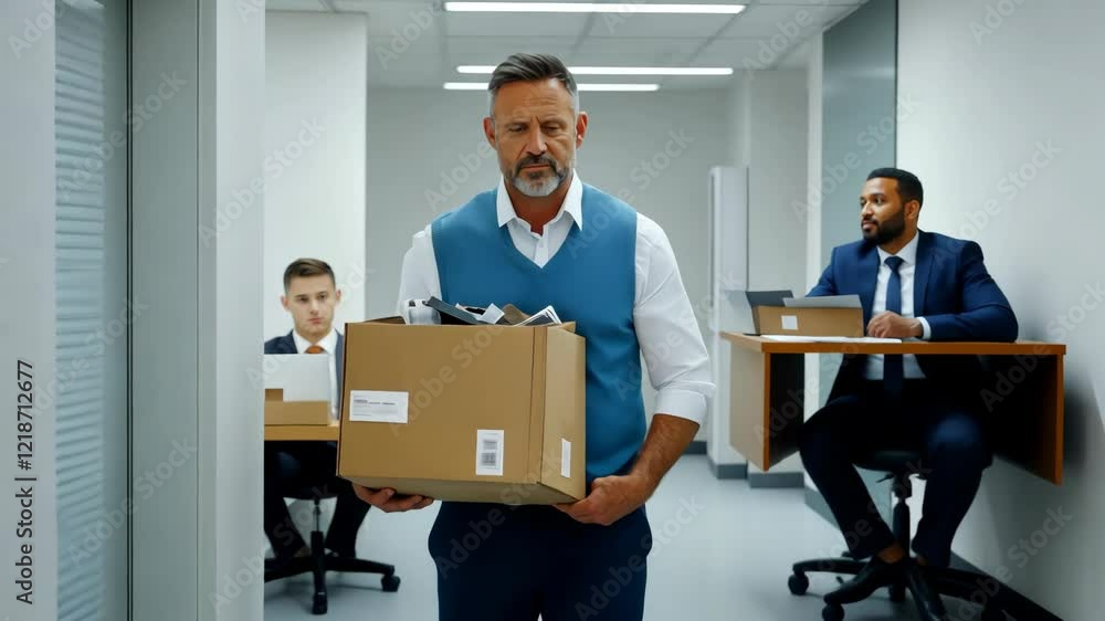 Businessman leaving office after losing job, carrying box of personal belongings, feeling sad and disappointed video 4k Businessman leaving office after losing job, carrying box of personal belongings, feeling sad and disappointed video 4k