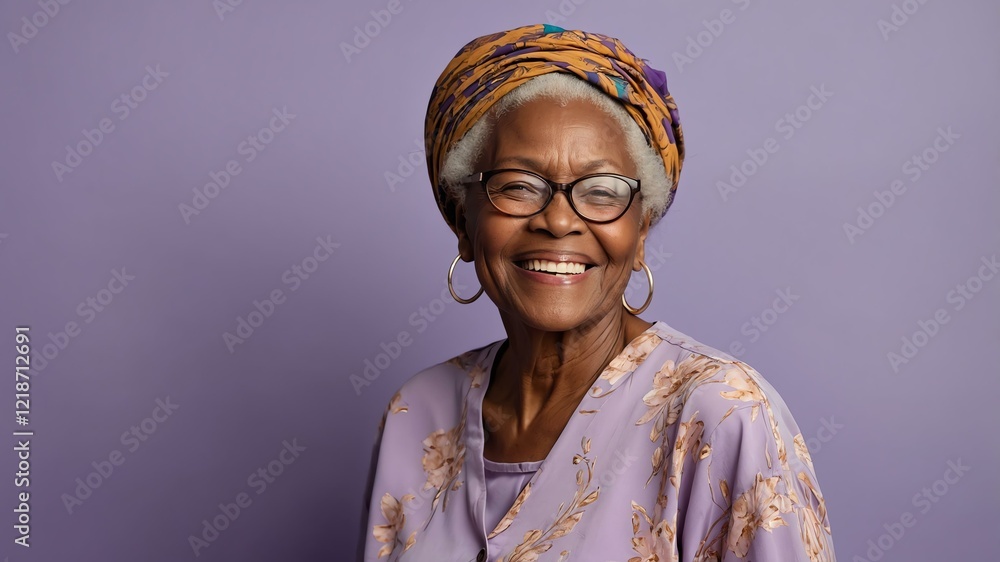 Fototapeta premium elderly african female in casual wear on pastel color background model portrait smiling for ad concept space for text