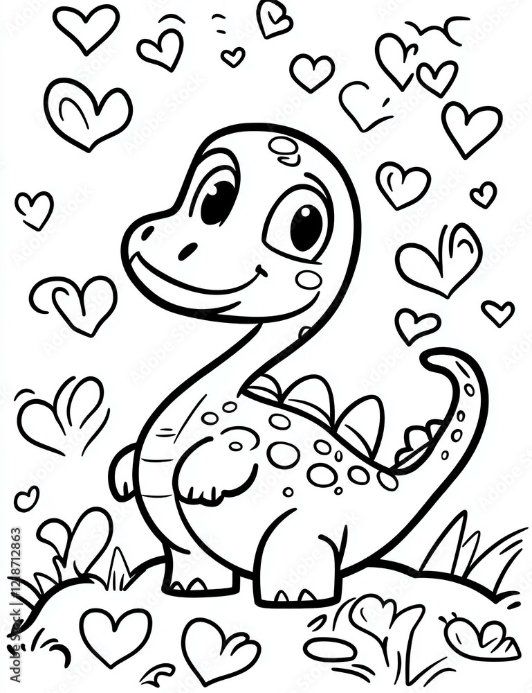 cartoon dinosaur and hearts love theme coloring page. ready to print on standard 8. cartoon dinosaur and hearts love theme coloring page. ready to print on standard 8.
