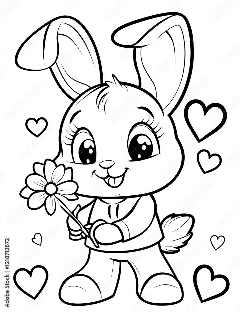 cartoon bunny holding a flower and hearts coloring page. ready to print on standard 8. cartoon bunny holding a flower and hearts coloring page. ready to print on standard 8.