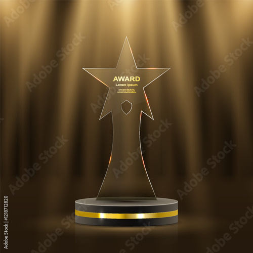 Realistic award. Winning medal. Glass 3D mockup. Acrylic design of first place prize. Silver or golden certificate. Competition trophy. Victory nominations. Vector exact elements set