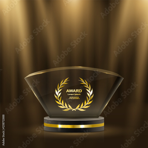 Golden award ceremony stage featuring glowing stars, luxurious laurel wreaths, and elegant gold ribbons. 3D realistic vector illustration showcasing a grand podium with glittering lights, light smoke,