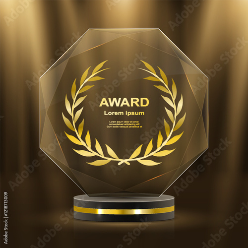 Golden award ceremony stage featuring glowing stars, luxurious laurel wreaths, and elegant gold ribbons. 3D realistic vector illustration showcasing a grand podium with glittering lights, light smoke,