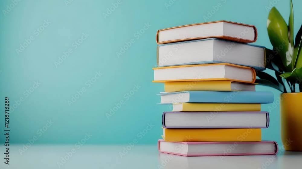Colorful Stacked Books on a Bright Table with Green Plant in Yellow Pot Against Turquoise Background, Ideal for Education and Study Concepts Colorful Stacked Books on a Bright Table with Green Plant in Yellow Pot Against Turquoise Background, Ideal for Education and Study Concepts