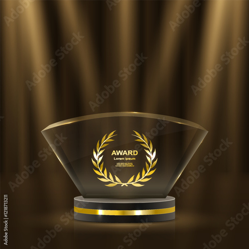 Elegant 3D golden podium with laurels, shining ribbons, and glowing stars for award ceremonies, prize events, and championship recognition. Realistic luxury scene. 